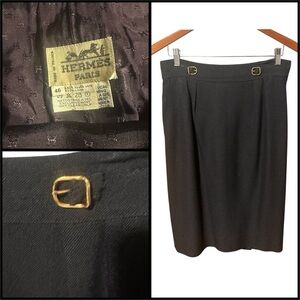 Hermes Black Linen Blend Women's Skirt with Buckle Detail Size 46EU 16US